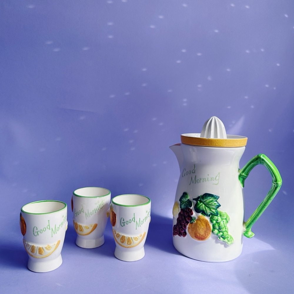 Vintage MCM Ceramic Juice Pitcher, Reamer & 3 Cups - Japan, 3D Fruit Design